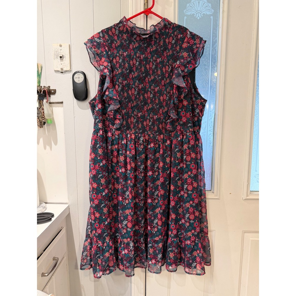 Ranna Gill Floral Smocked Ruffle Mini Dress Pink Teal 3X Sleeveless Tiered Hem